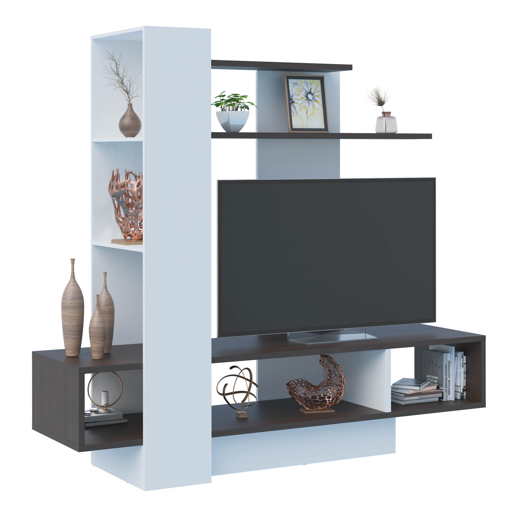 Mueble de Tv 60″ Madik con nichos y repisa blanco/rústico 200x180x48cm