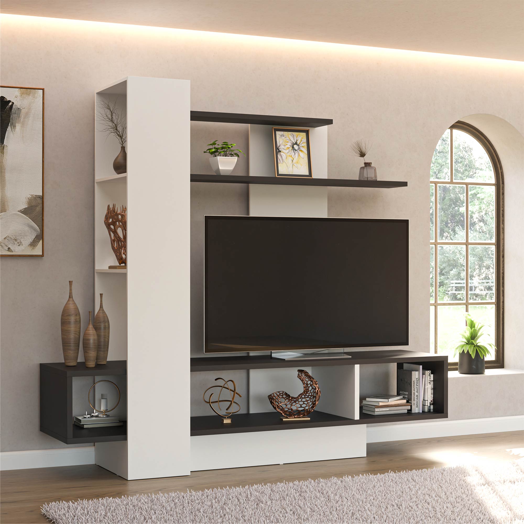 Mueble de Tv 60″ Madik con nichos y repisa blanco/rústico 200x180x48cm