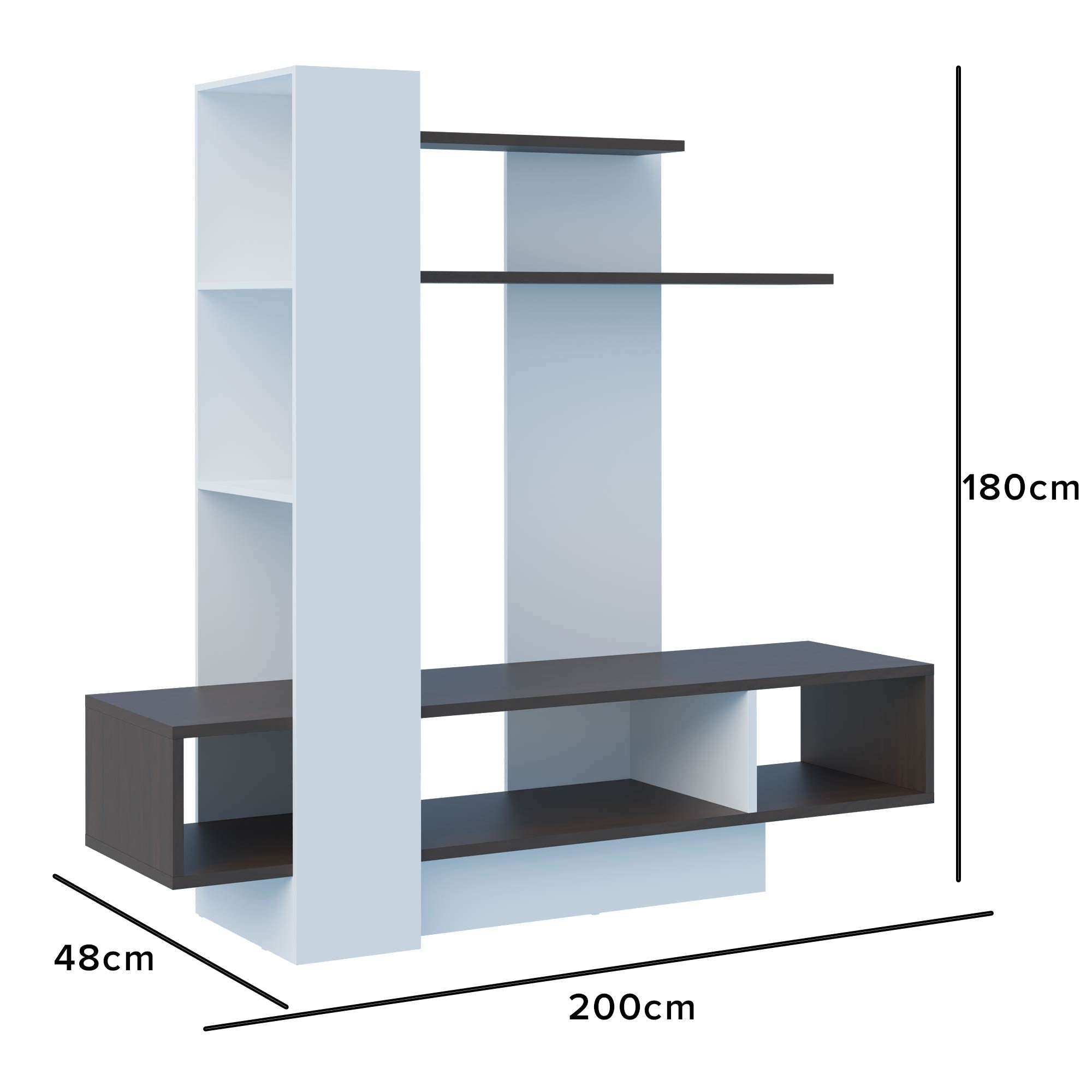 Mueble de Tv 60″ Madik con nichos y repisa blanco/rústico 200x180x48cm