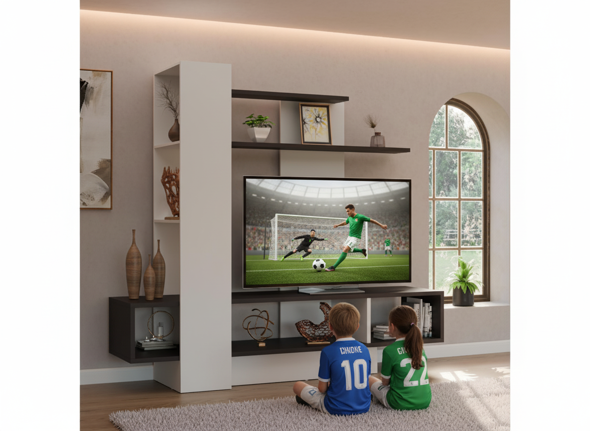 Mueble de Tv 60″ Madik con nichos y repisa blanco/rústico 200x180x48cm