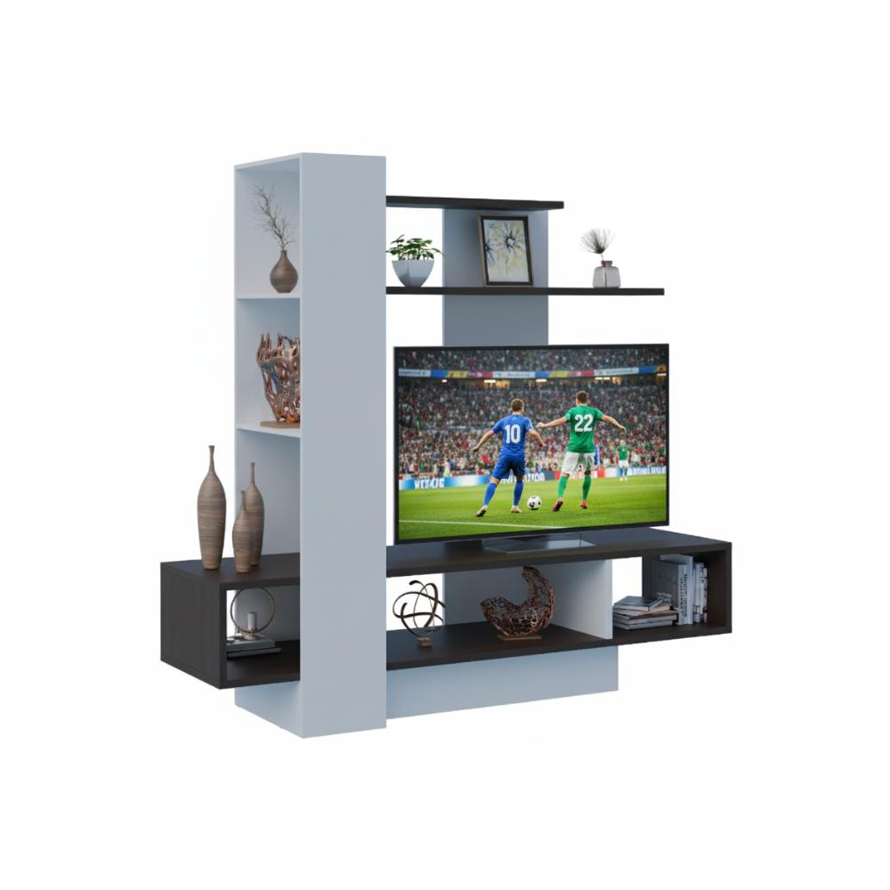Mueble de Tv 60″ Madik con nichos y repisa blanco/rústico 200x180x48cm