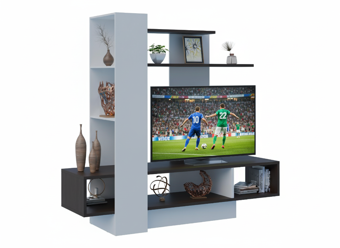 Mueble de Tv 60″ Madik con nichos y repisa blanco/rústico 200x180x48cm