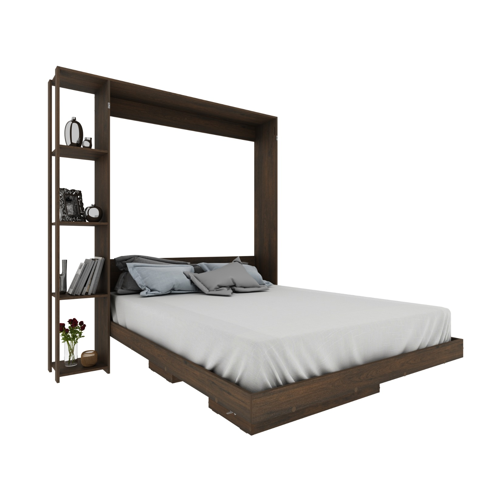 Base Matrimonial Abatible Madik con Estantes  Color Rustico