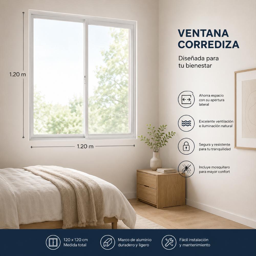 VENTANA ALUMINIO 1.5″ 120X120 CRISTAL CLARO 3MM