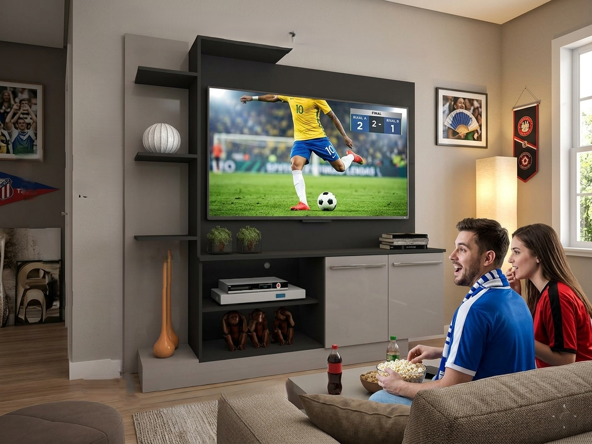 Mueble de Tv 55″ Madik con repisas y puertas color tabaco/blanco