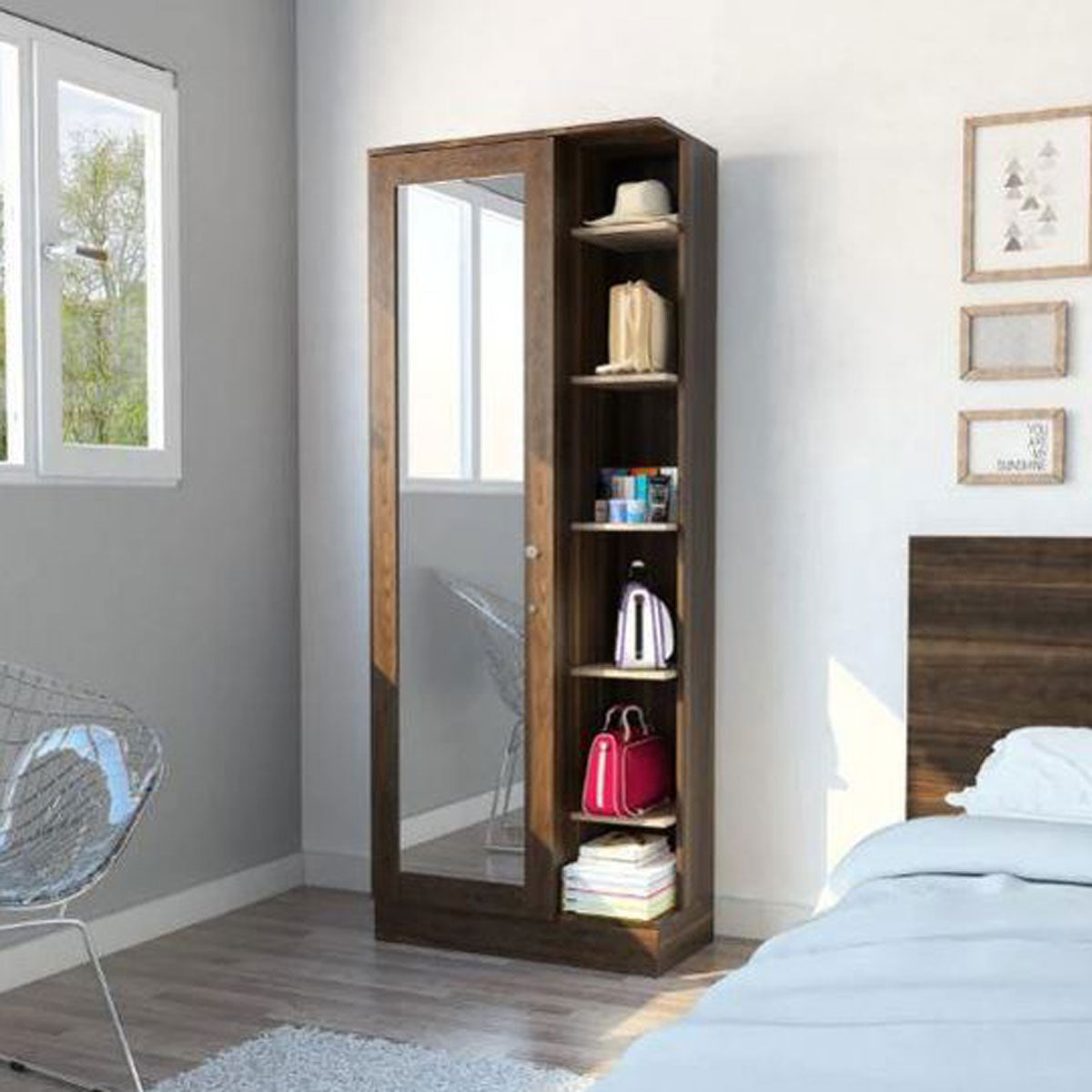 Closet Lara con Espejo Madik en color Caoba 7 Entrepaños