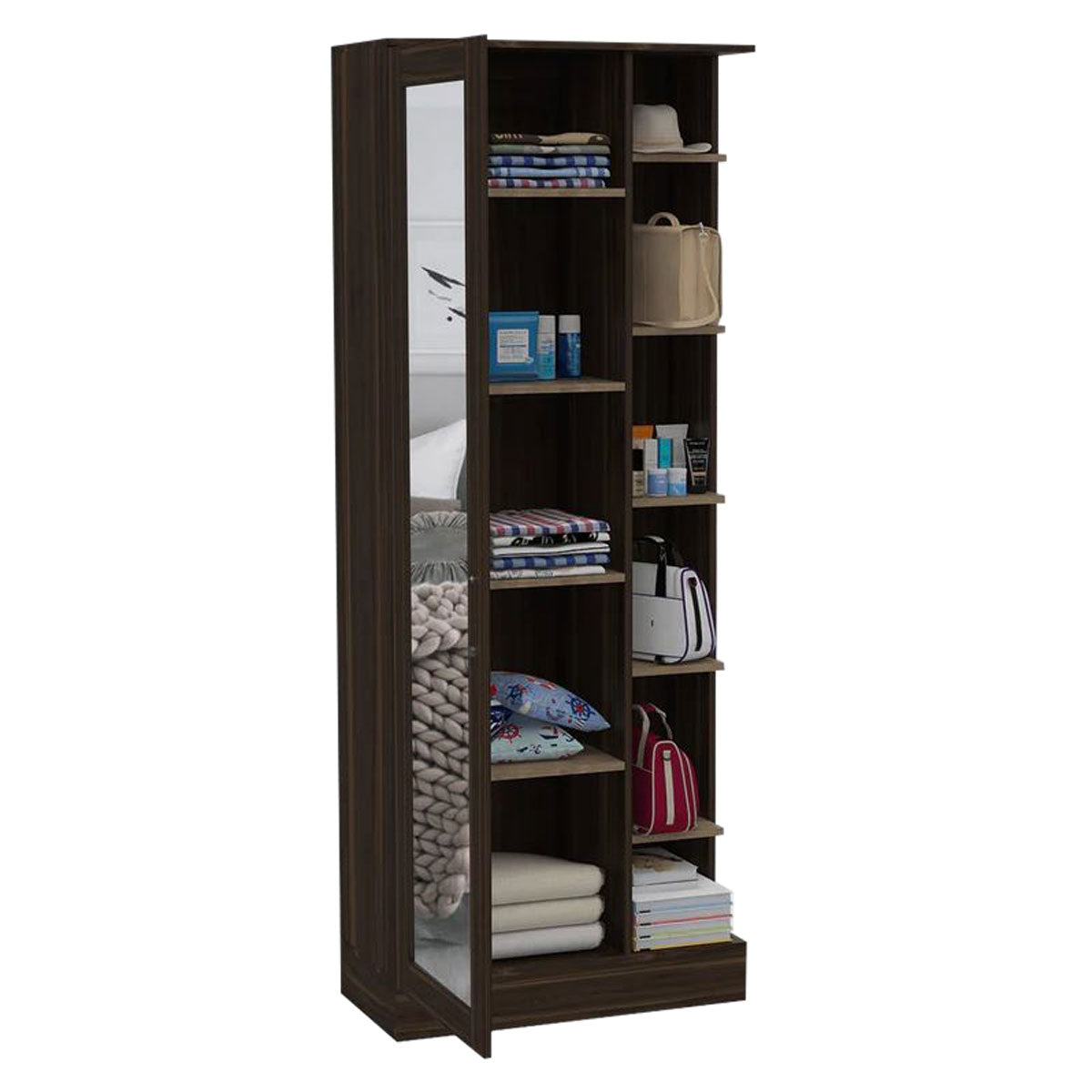 Closet Lara con Espejo Madik en color Caoba 7 Entrepaños