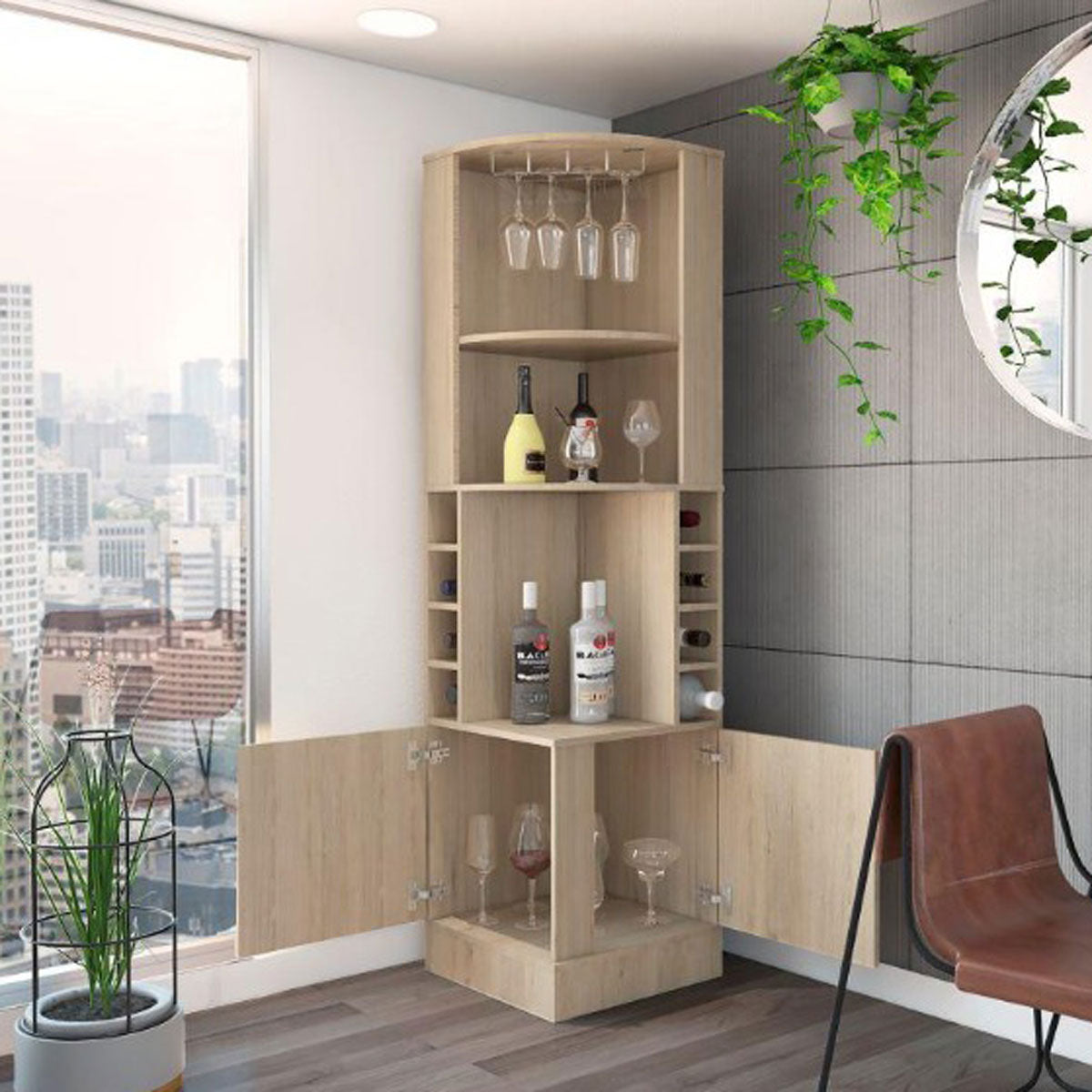 Mueble Bar Esquinero MADIK con Espacio Porta Copas Color Beige