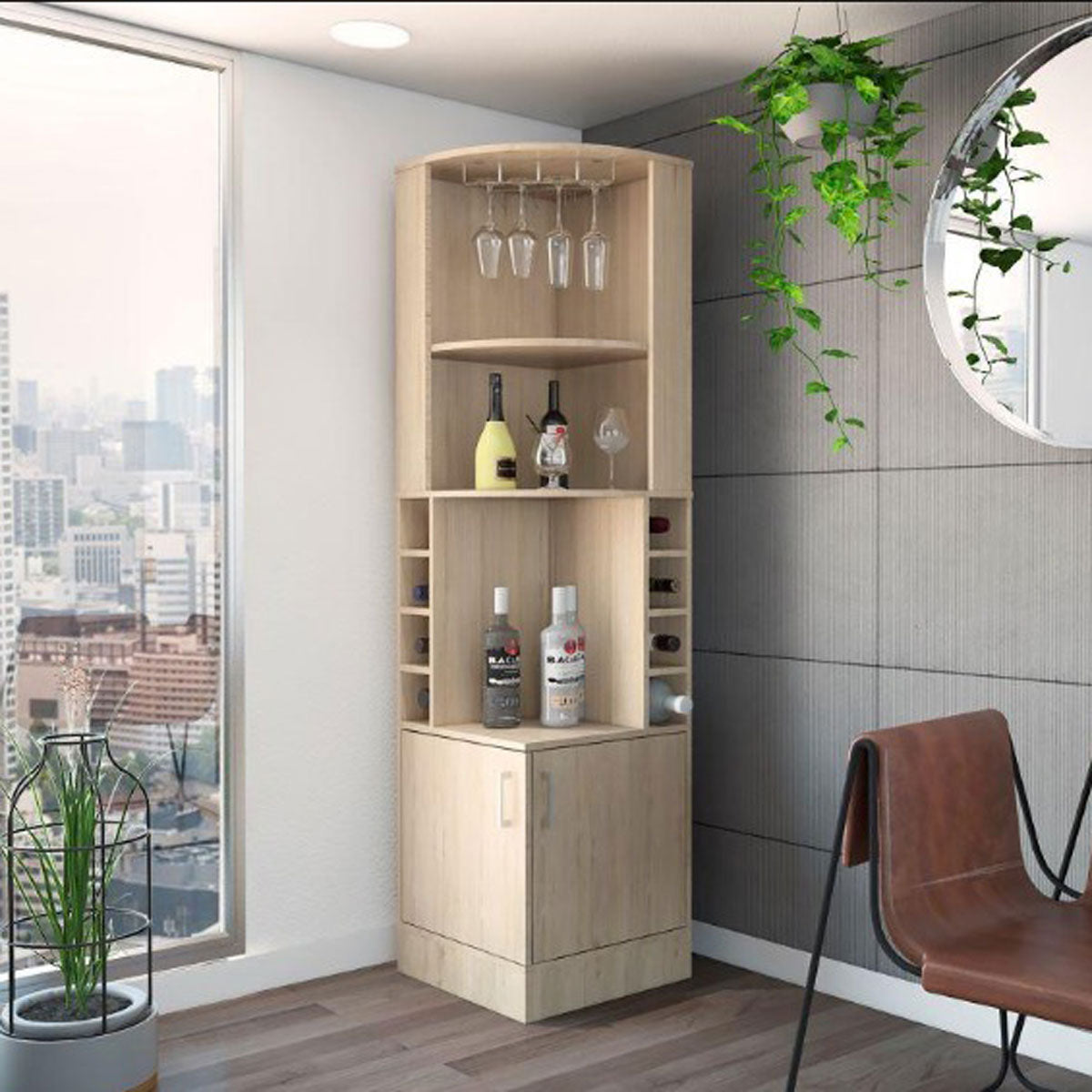 Mueble Bar Esquinero MADIK con Espacio Porta Copas Color Beige