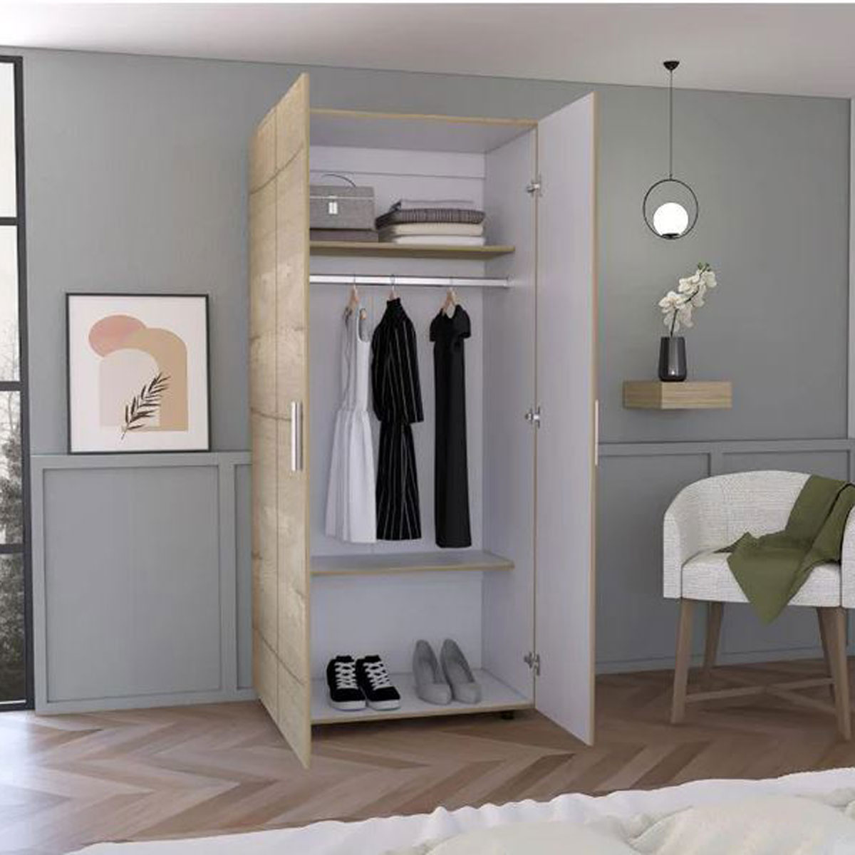 Closet Carlota Madik Café Claro/Blanco, con 1 Tubo y 3 Entrepaños