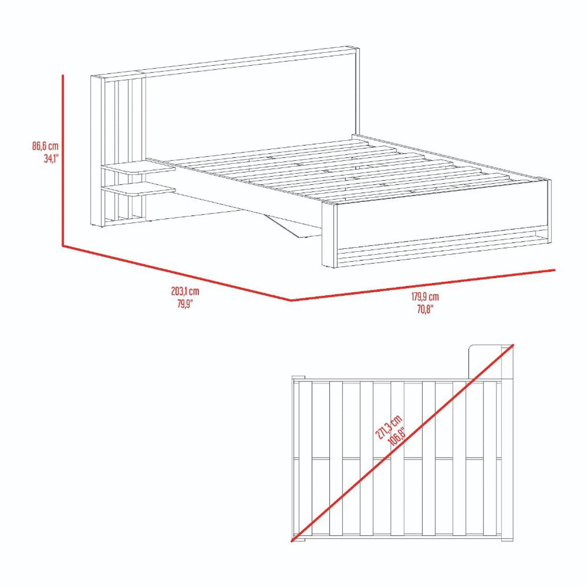 Base Cama Matrimonial MADIK con cabecera y repisas laterales