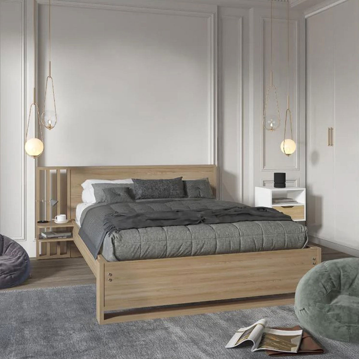 Base Cama Matrimonial MADIK con cabecera y repisas laterales