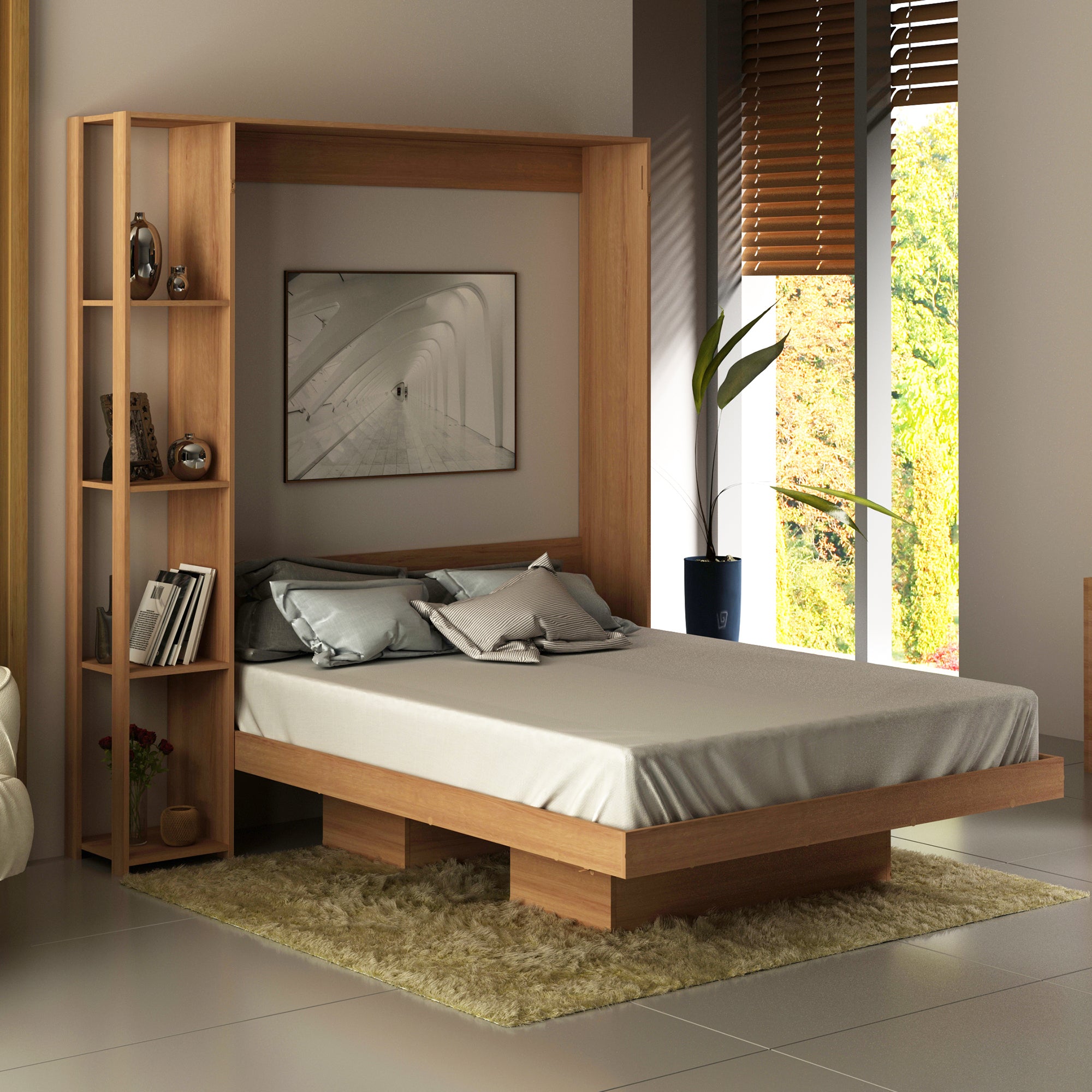 Base De Cama Matrimonial Abatible Con Estantes Almond
