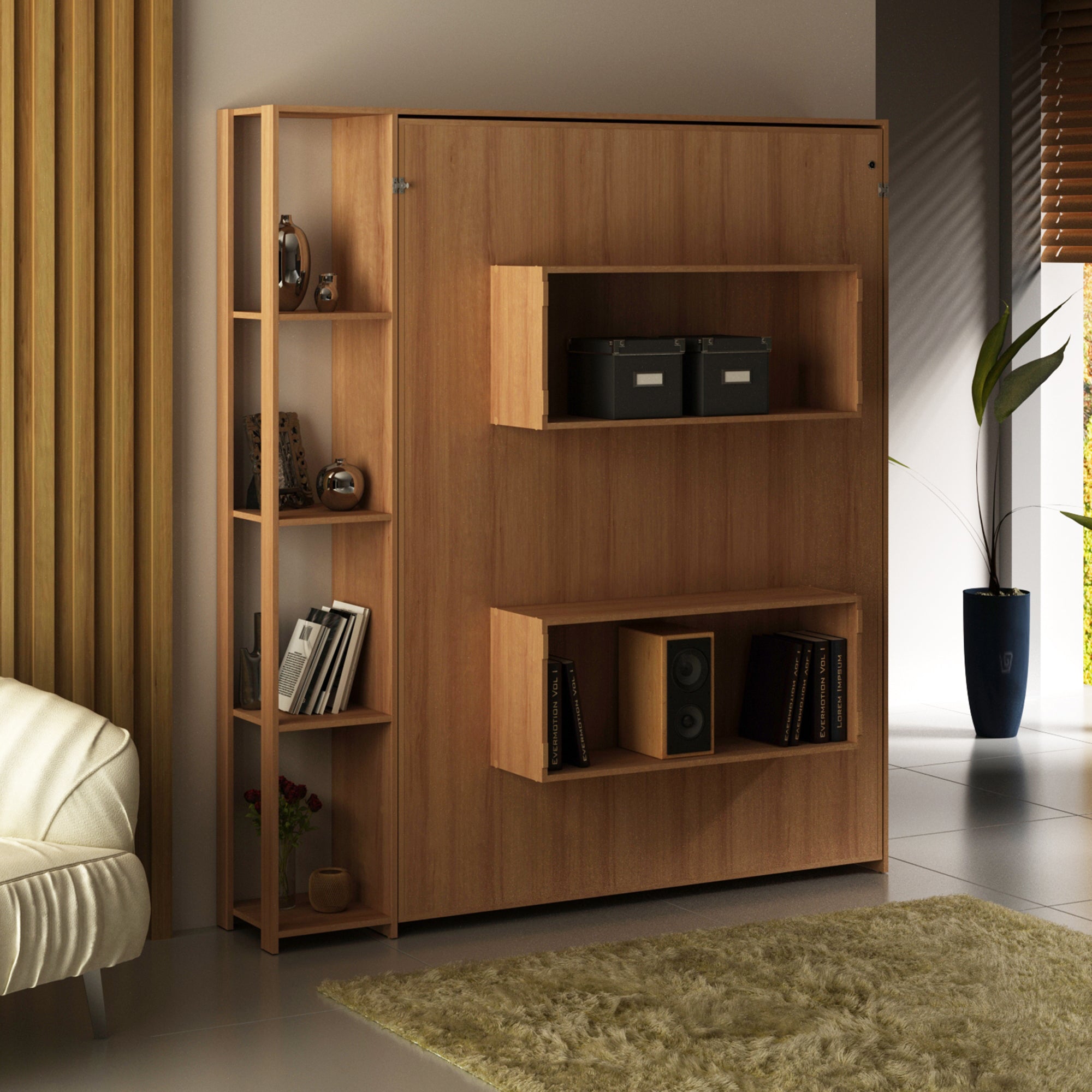 Base De Cama Matrimonial Abatible Con Estantes Almond