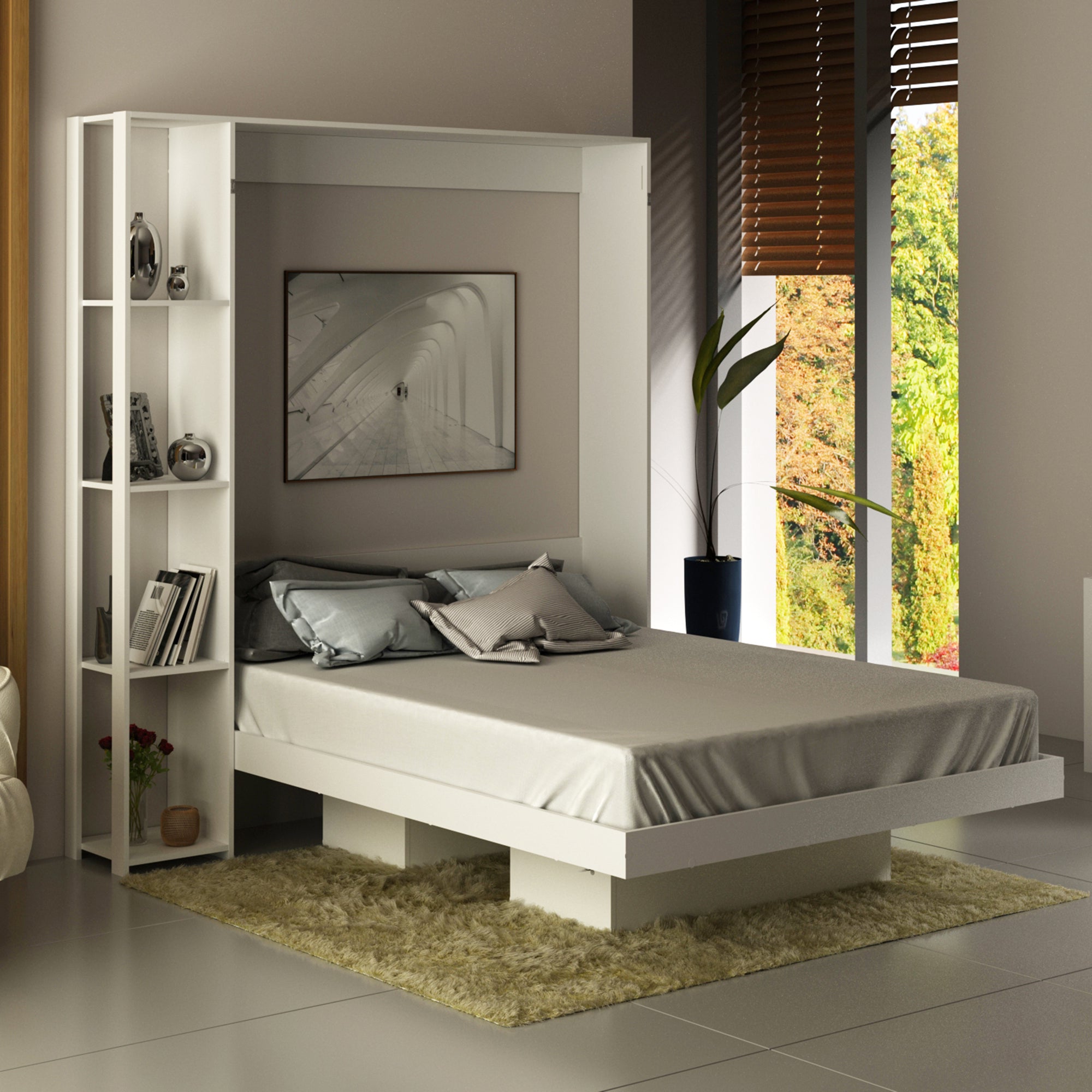 Base De Cama Matrimonial Abatible Con Estantes Blanco