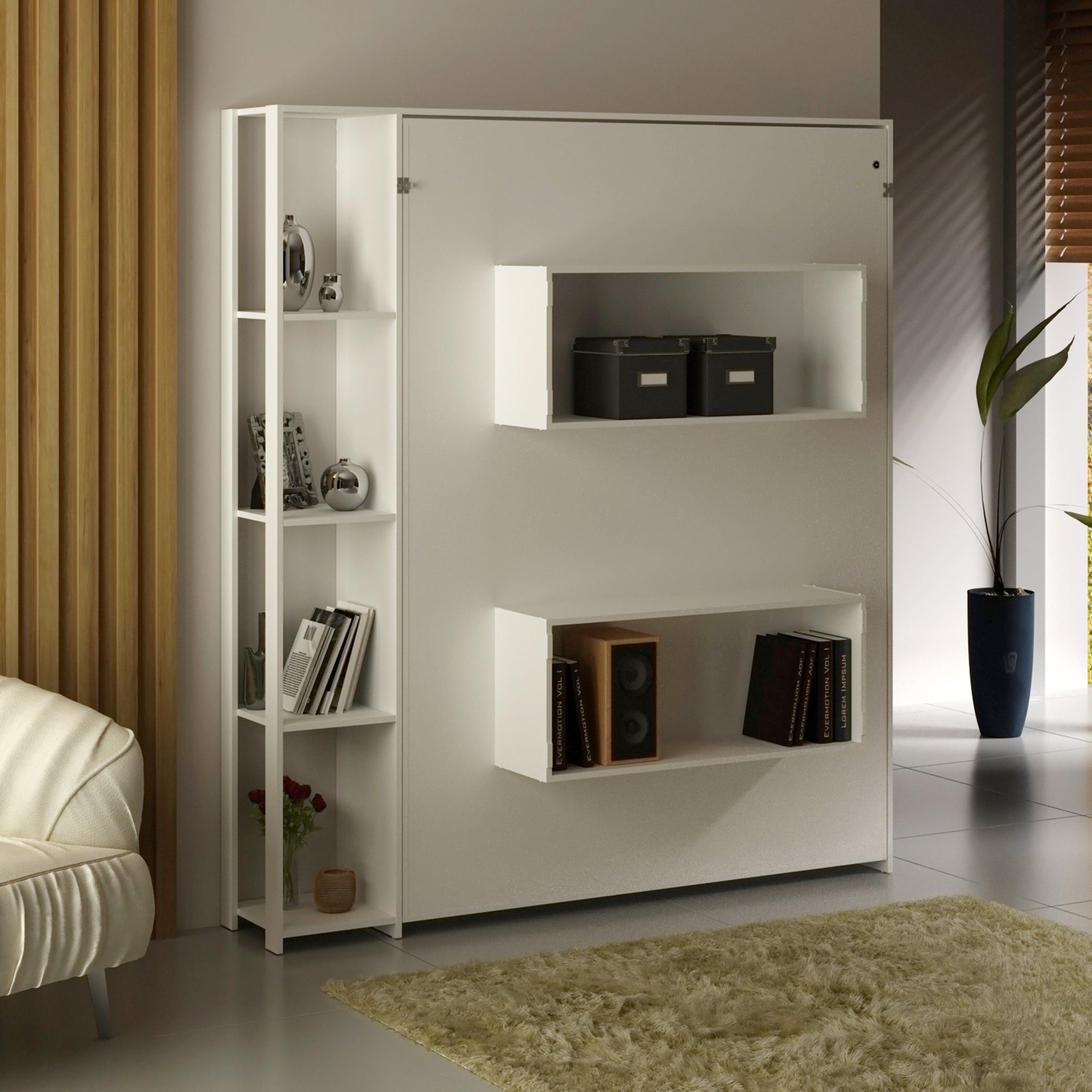 Base De Cama Matrimonial Abatible Con Estantes Blanco