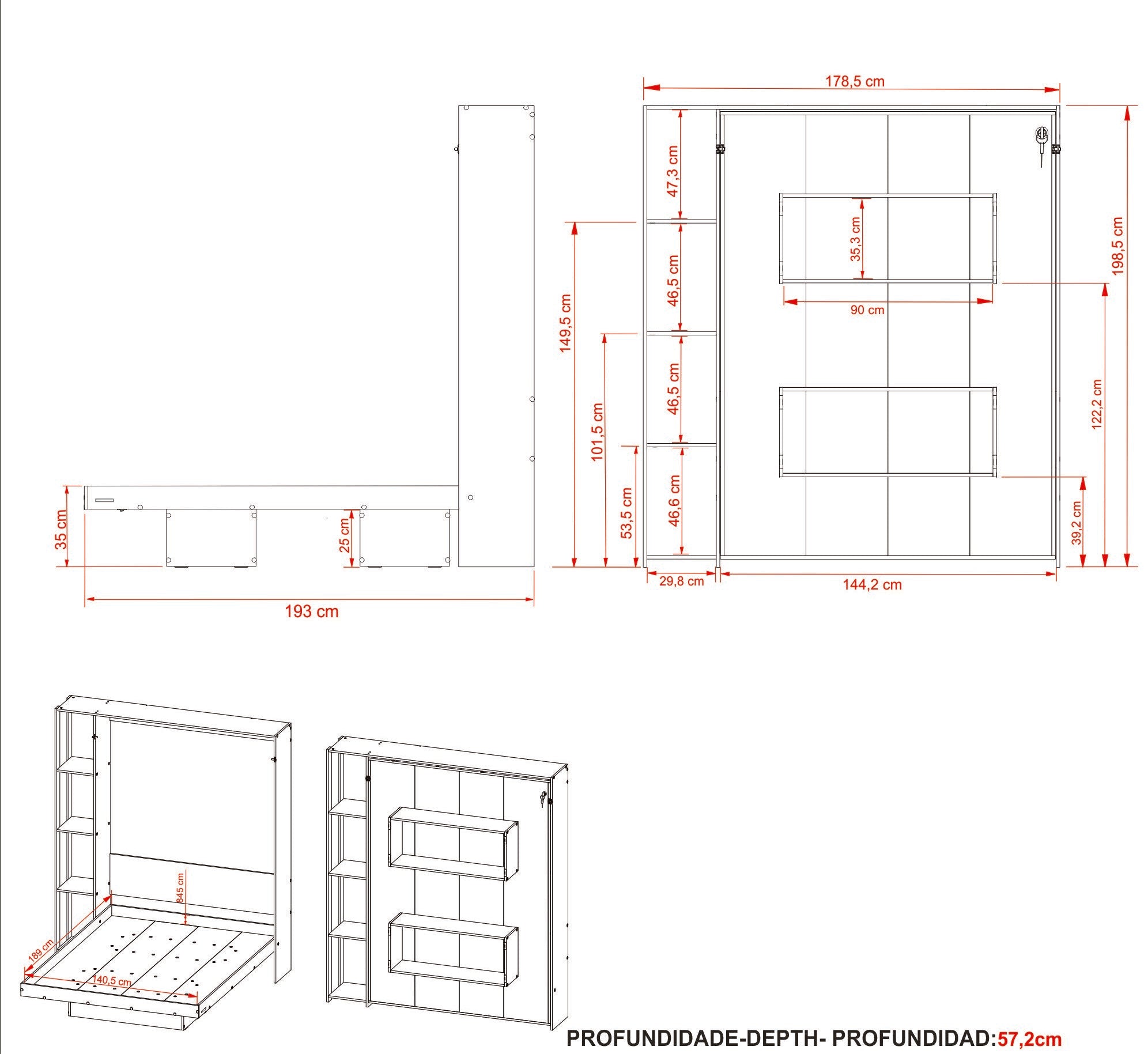 Base De Cama Matrimonial Abatible Con Estantes Almond