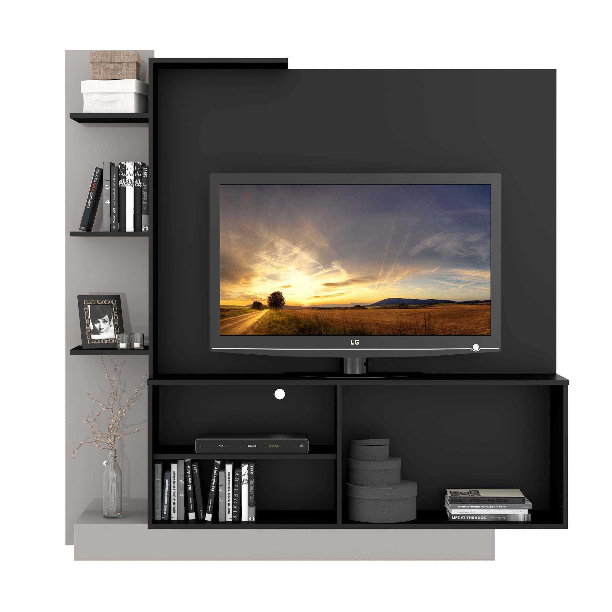 Mueble de Tv 55″ Madik con repisas y puertas color tabaco/blanco