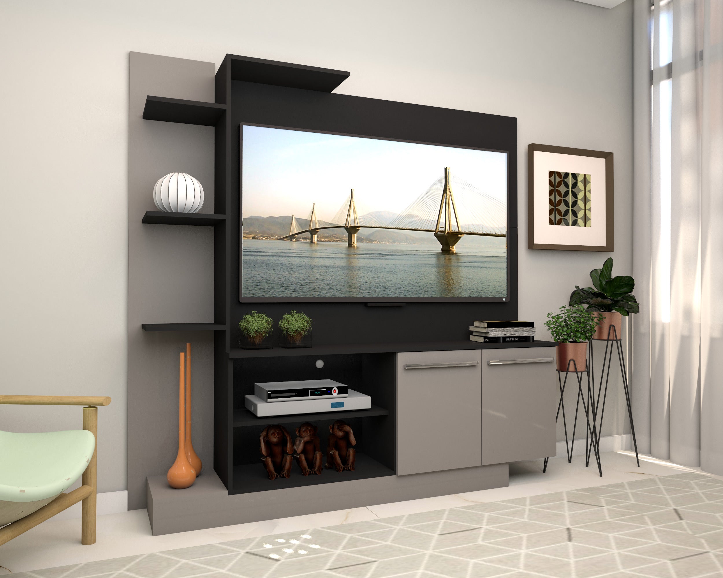 Mueble de Tv 55″ Madik con repisas y puertas color tabaco/blanco