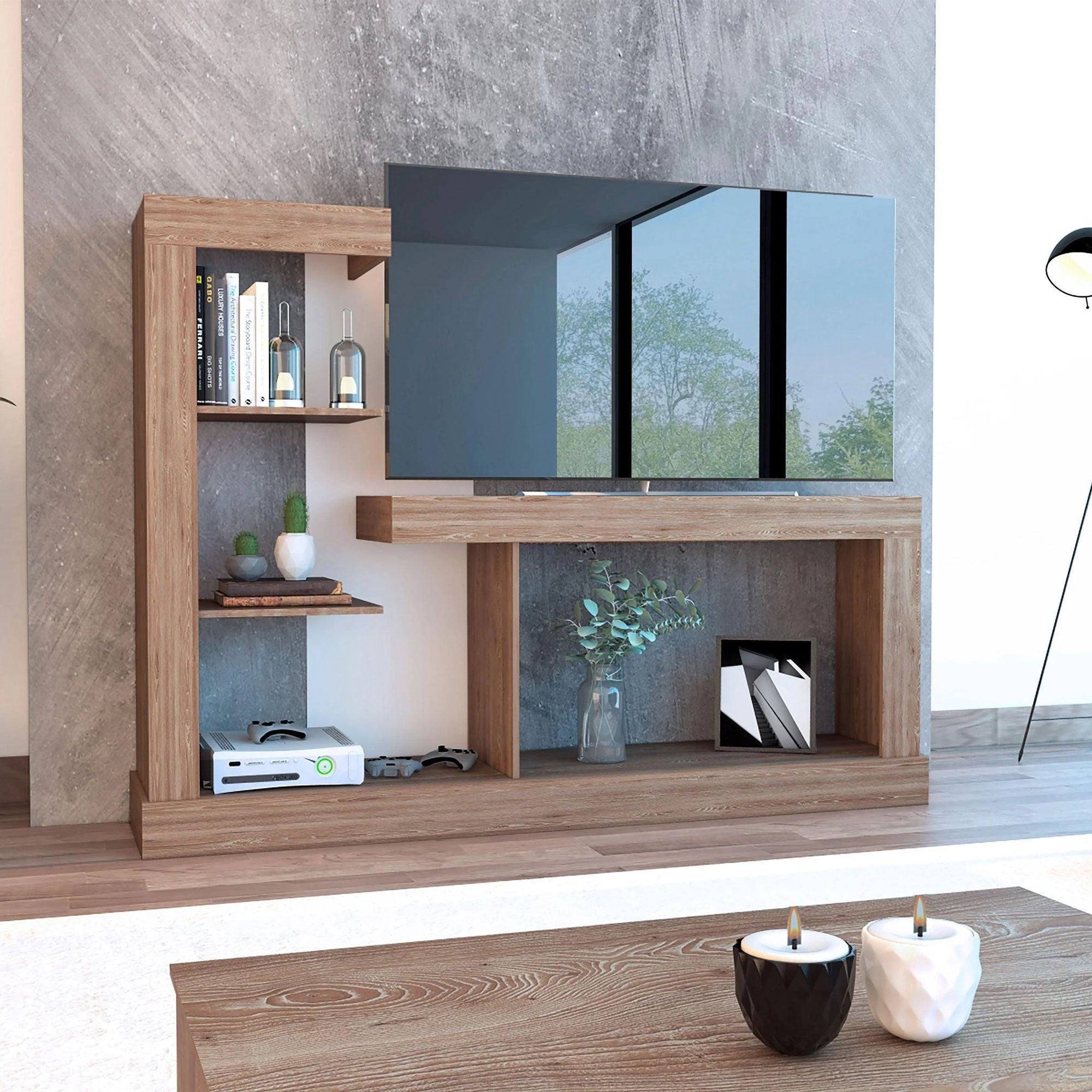 Rack para TV de 55″ con estantes Color Miel y Blanco 180x133.5x41.5 cms